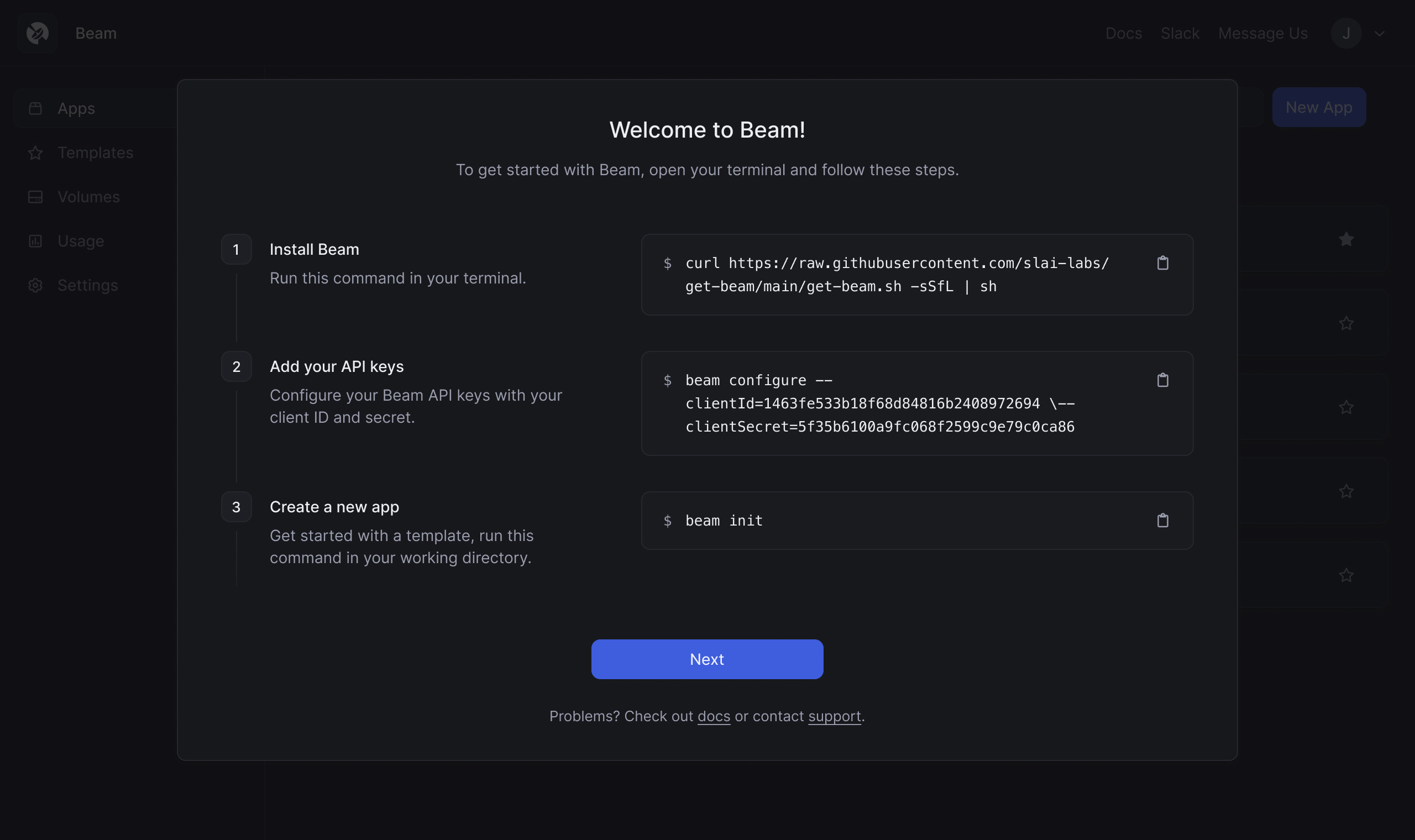 Screenshot of onboarding in Beam dashboard