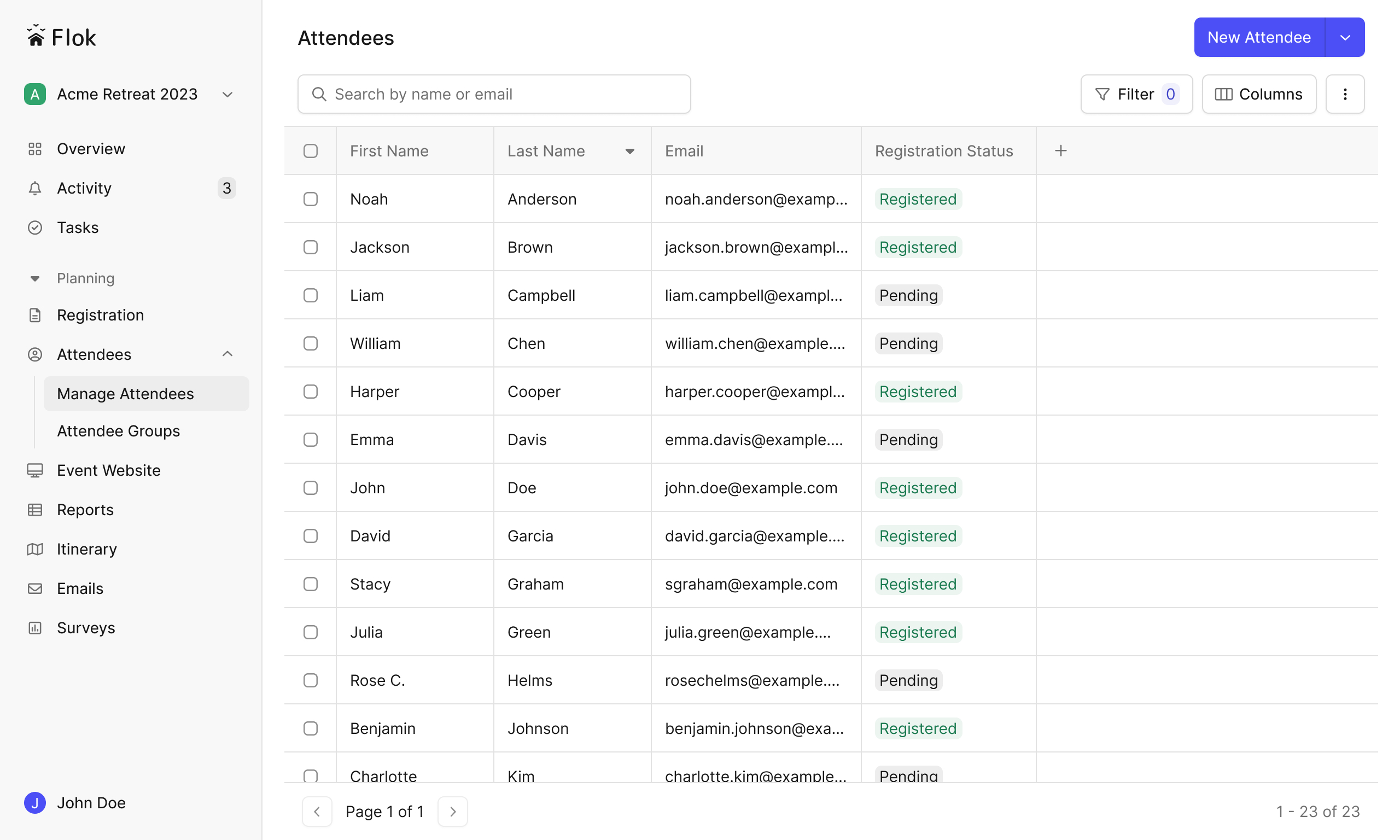 Screenshot of attendees feature in Flok dashboard