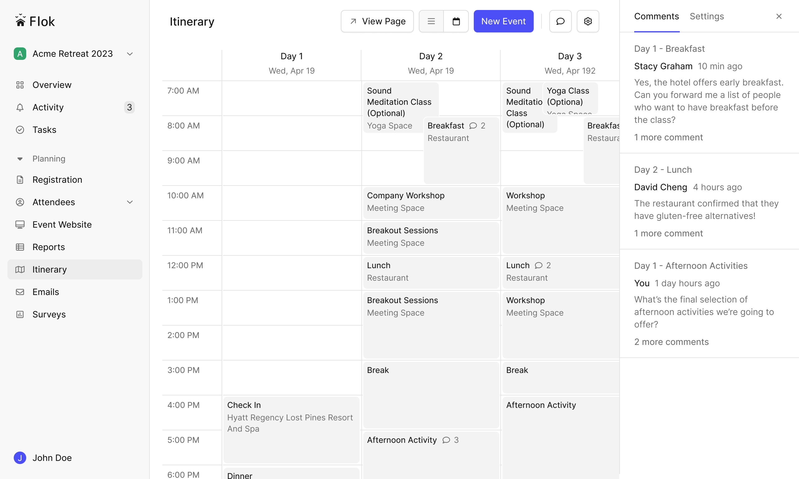 Screenshot of itinerary feature in Flok dashboard