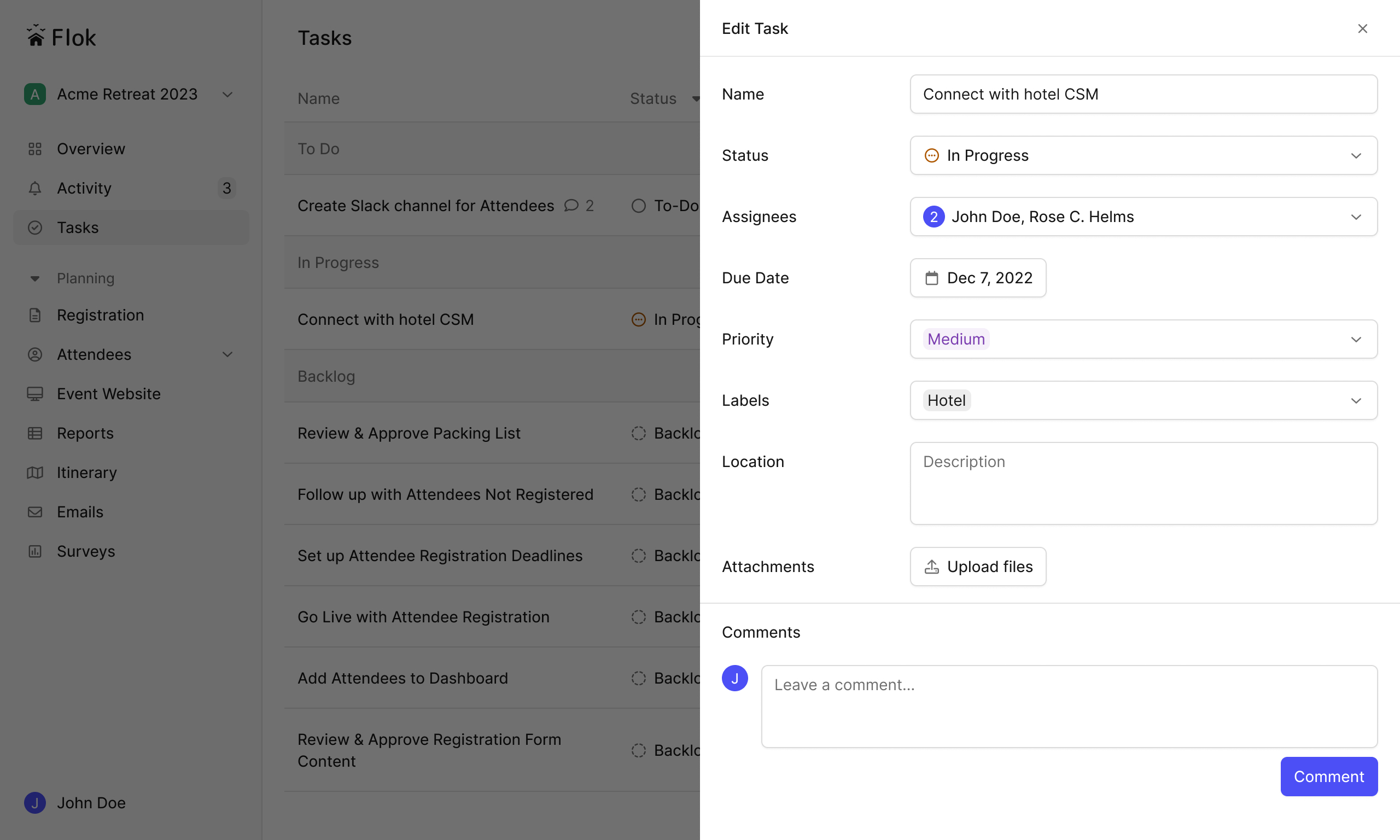 Screenshot of tasks feature in Flok dashboard